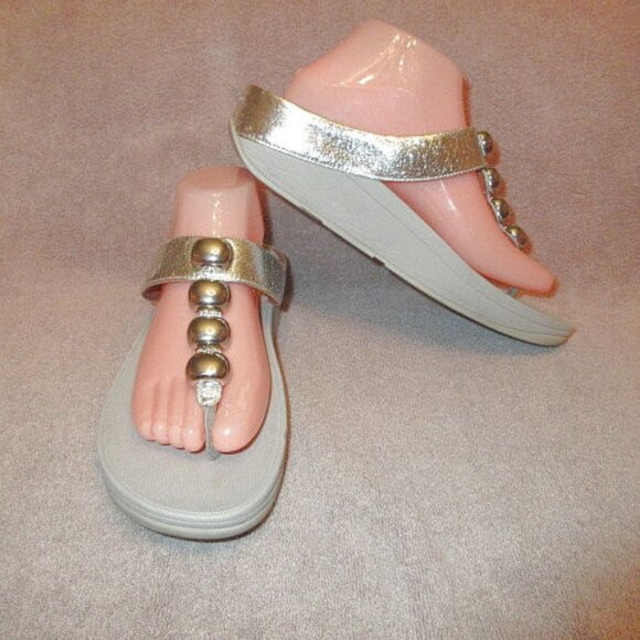 Fitflop Rola Toe Post Sandals Size 10 Leather Sparkle Disco Balls Flip Flops - Picture 1 of 12